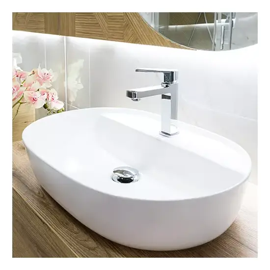 Umywalka nablatowa – 60cm owalna, z półką i otworem na baterię, z przelewem. Elegancka i funkcjonalna ceramika do większych łazienek.